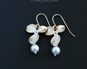 Gold orchid pearl earrings - wedding jewelry, bridesmaids jewelry, bridal gift favor, birthday gifts orchid earrings