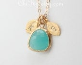 Initial necklace, leaf necklace, stone in bezel, aqua blue necklace, Valentine,for mom,for her ,GOLD FILLED, family necklace,
