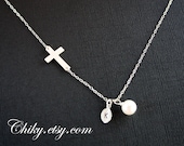 Sideways cross with initial leaf and pearl necklace, horizontal cross necklace, STERLING SILVER, simple necklace,personalized gift, faith