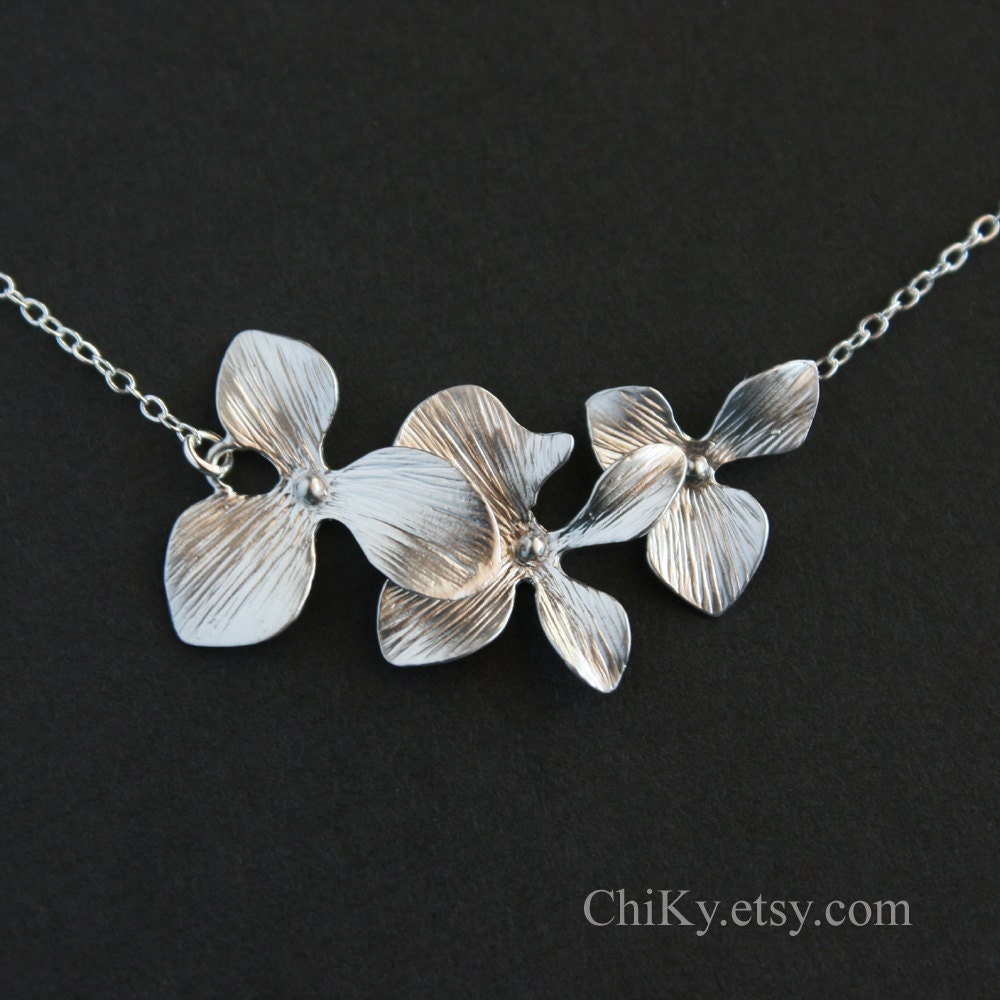 Triple orchid necklace - STERLING SILVER,  wedding bridal jewelry, brides bridesmaid gift, flower girl necklace