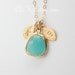 Initial necklace, leaf necklace, stone in bezel, aqua blue necklace, Valentine,for mom,for her ,GOLD FILLED, family necklace,