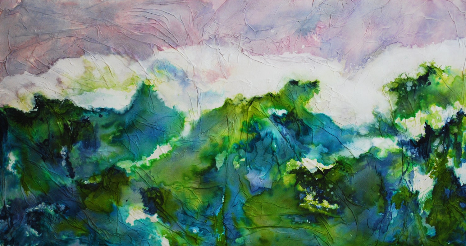 original art, storm wave, ink and acrylics on rice paper collage, LARGE 16" x 30"
