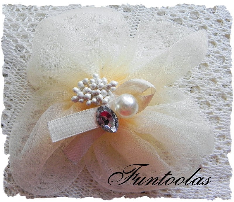 Jeweled Organza Flower 4 1/2 inch - Ivory