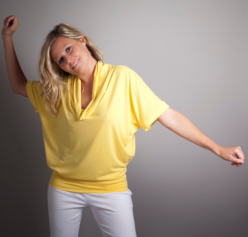 Lemon Yellow Cowl Neck Top, Oversized, Short Sleeved -Perfect for Early Maternity - Size Large-XLarge