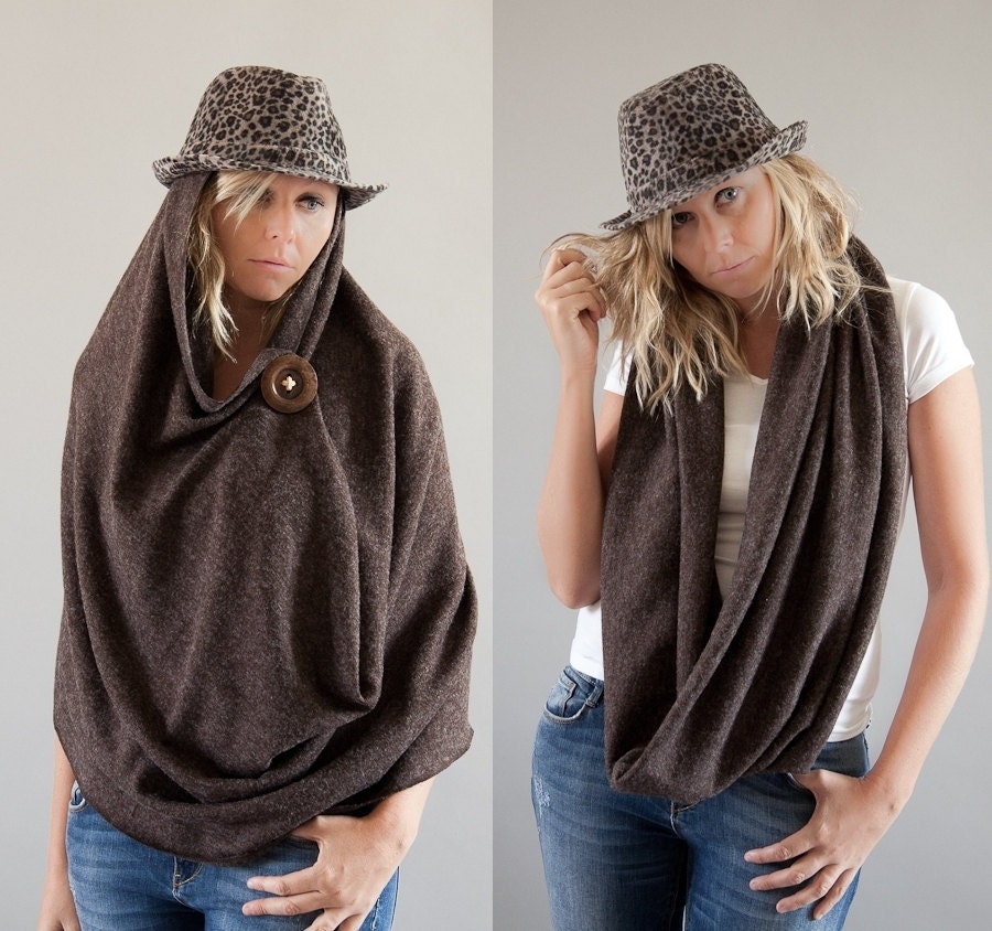 5 in 1 Chunky Infinity Scarf Brown Angora Jersey  Circle Scarf, Winter Scarf, Wrap Skirt, Tube Scarf, Loop Scarf, Eternity Scarf