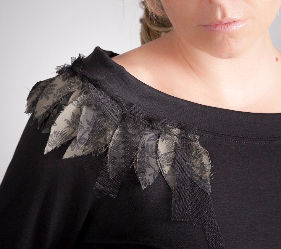 SAMPLE SALE Black Raglan Relaxed Womens Top with Fabric Feathers, Embellished Jersey Blouse, Size Small