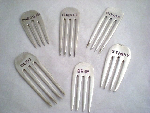 CHEESE MARKERS - 6 PC Stamped Silver Vintage Forks Upcycled / Recycled - Great Gift