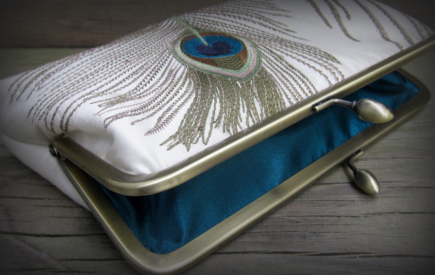 Embroidered Peacock Clutch- Ivory, Gold or Silver Wedding Clutch