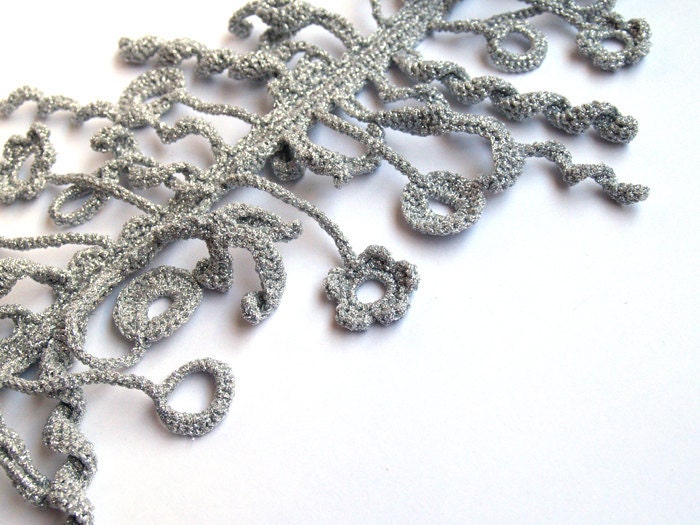 Silver freeform crochet scarf with flowers, rings, leaves