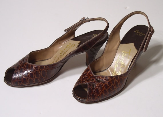 Vintage Shoes 1940's Women's ALLIGATOR PEEP-TOE Slingback Pumps
