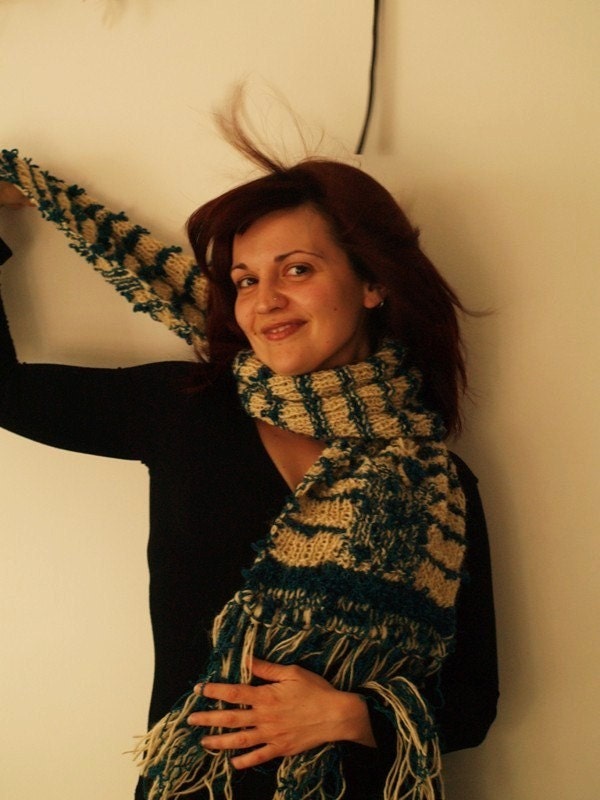 Knitted scarf, Beige Petrol, unrefined wool, High Tech, natural, organic, winter accessory, long scarf, casua, jeans, denim wear