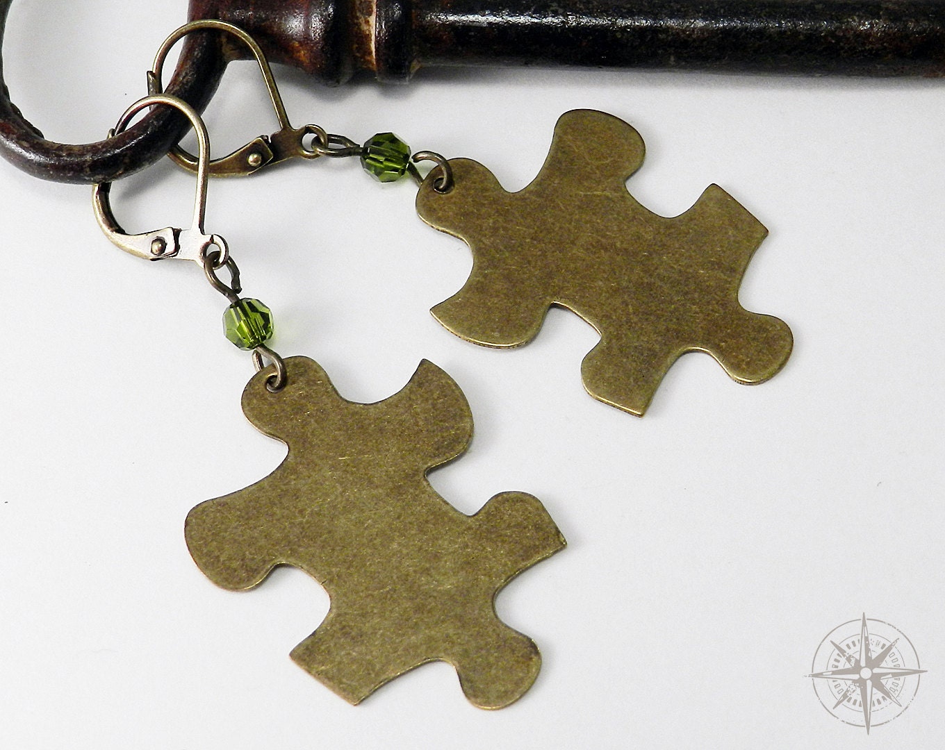 STEAMPUNK Earring Brass Puzzle Piece Dangle Earrings - Olive Green Swarovski Crystal Accent Bead