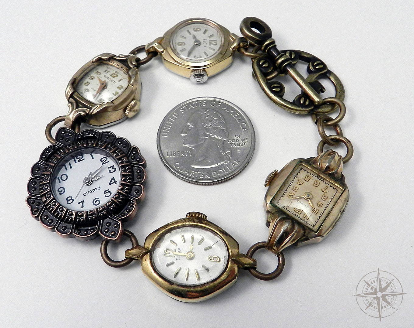 Steampunk Bracelet Vintage Wrist Watch WORKING Watch Bracelet Heirloom Collection Gold and Bronze Filigree handmade by Compass Rose Design