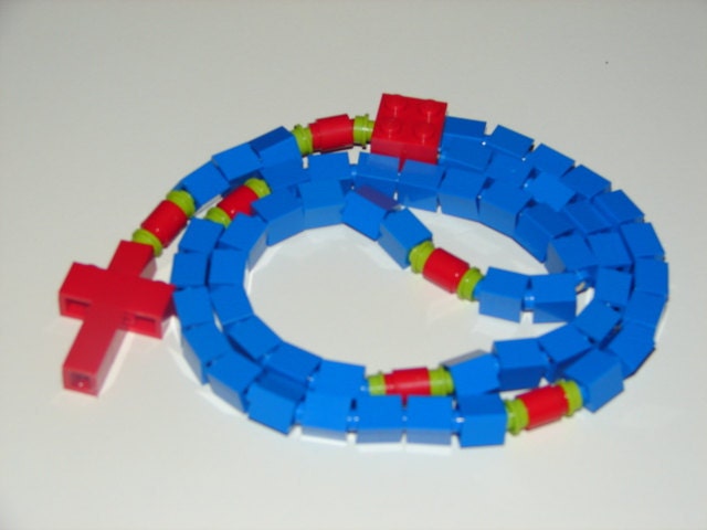 Blue, Red, and Green Catholic Rosary Made With LEGO Bricks