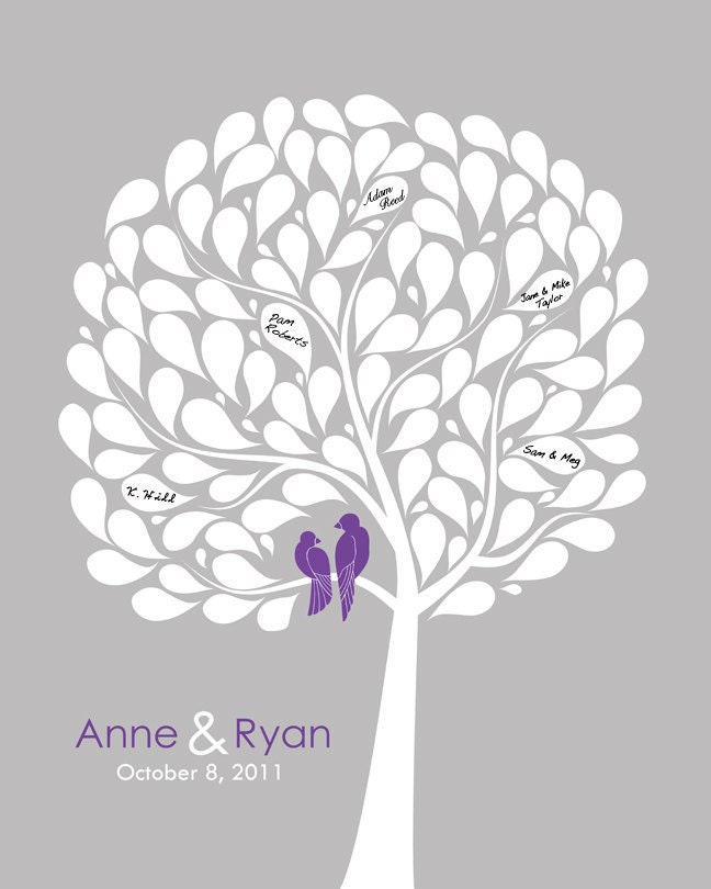 Wedding Guest Book Alternative - Silhouette Style Tree Guestbook Poster with love birds, 16x20 for 100 guests
