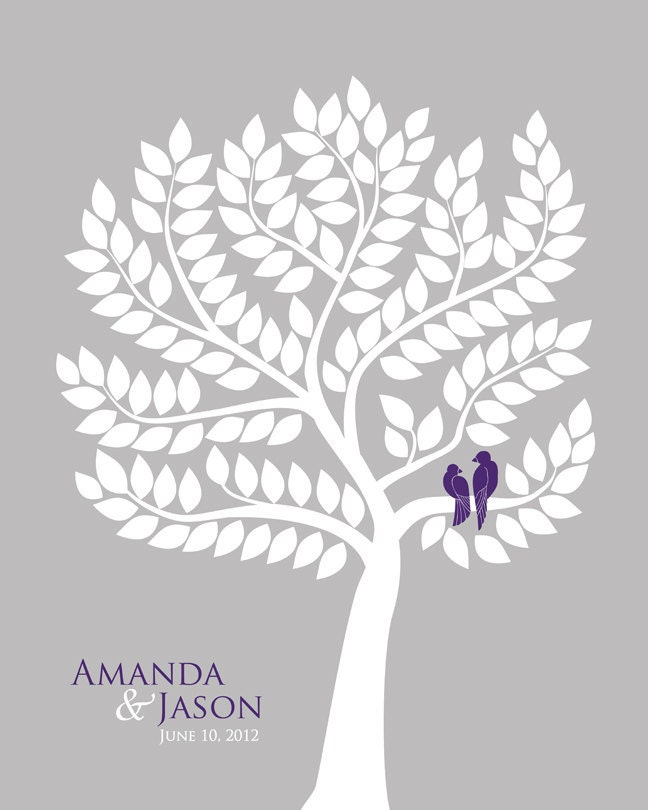 Wedding Tree Guest Book Alternative Guestbook Tree Poster with love birds eggplant purple silver gray Personalized Wedding Keepsake