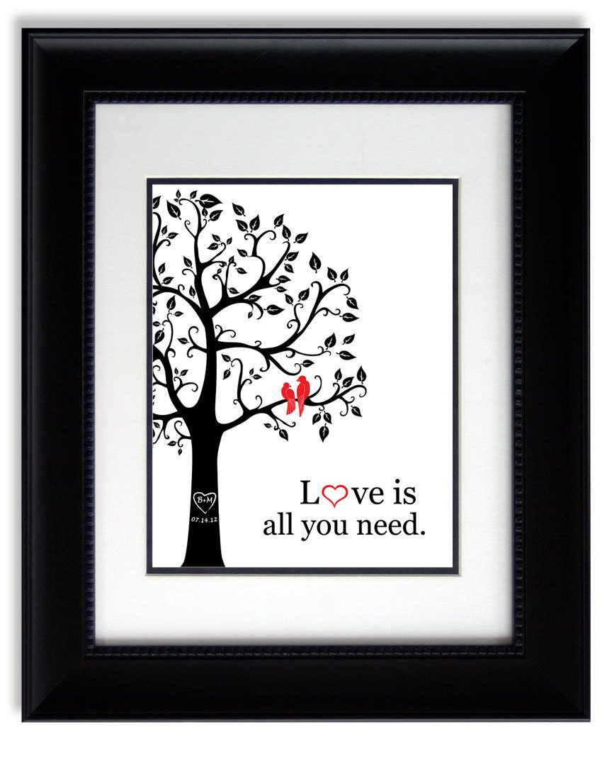 Personalized Wedding Day Gift Love is all you need Personalized Wedding Gift 1st Paper Anniversary Gift  Love birds romantic gift