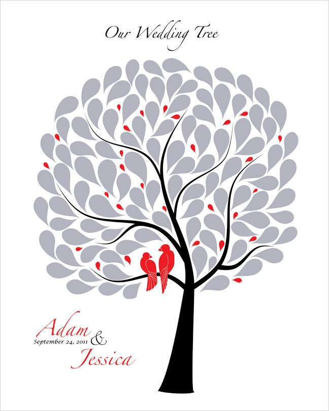 Personalized Wedding guest book tree Signature Tree, Love birds in black white red silver colors, Guest book wedding gift