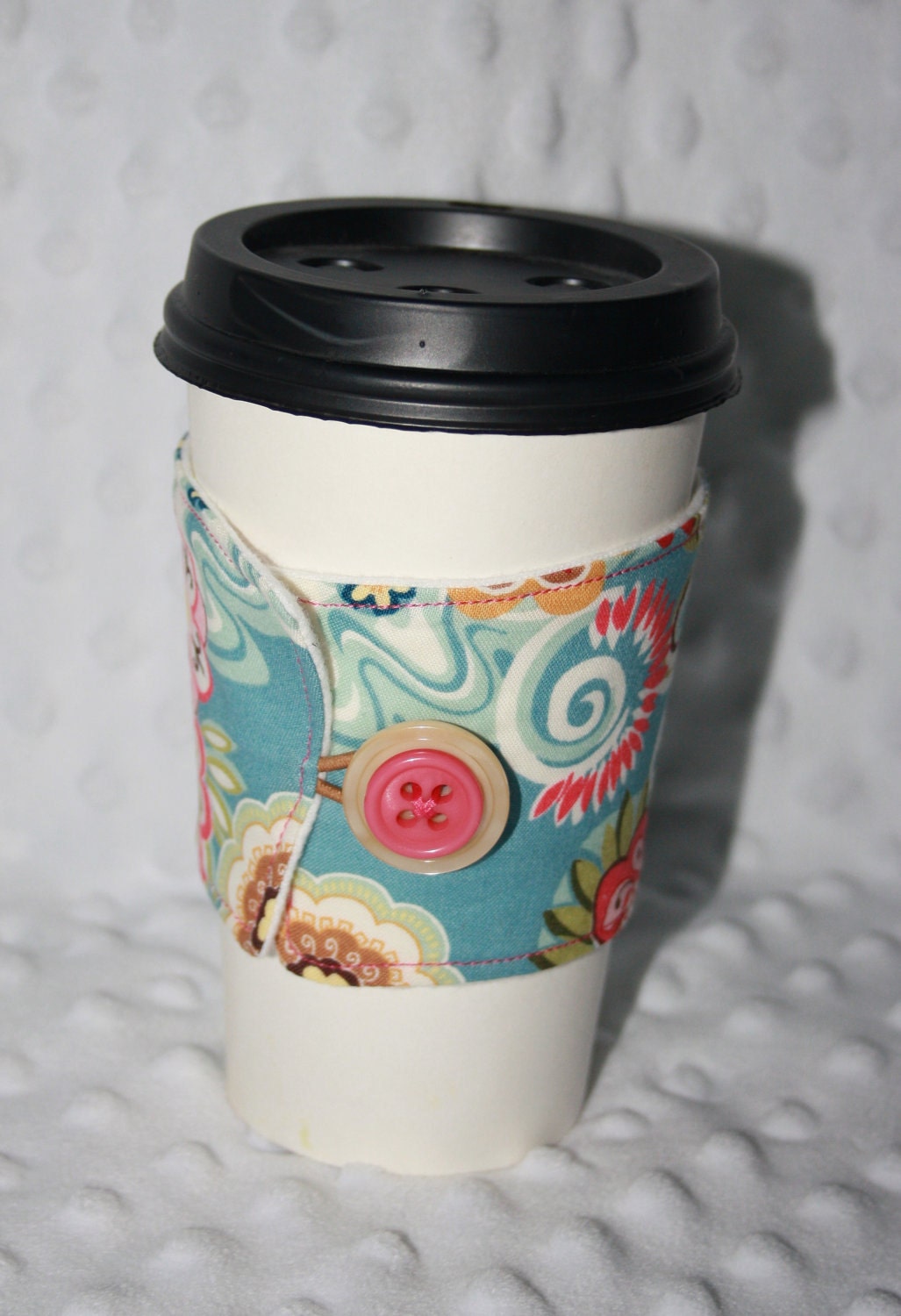 Adjustable Coffee Cozy/Sleeve- Light Blue with Flowers