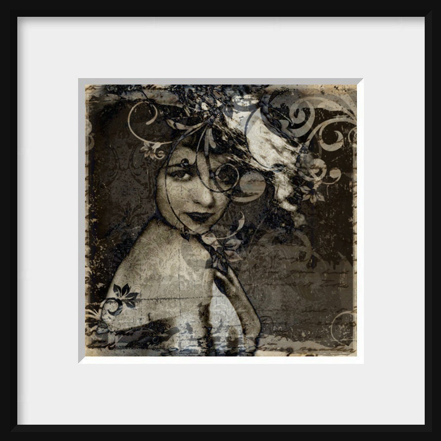 DIGITAL COLLAGE Nocturne - 5x5 portrait print, female, nostalgic, sepia, digitally altered