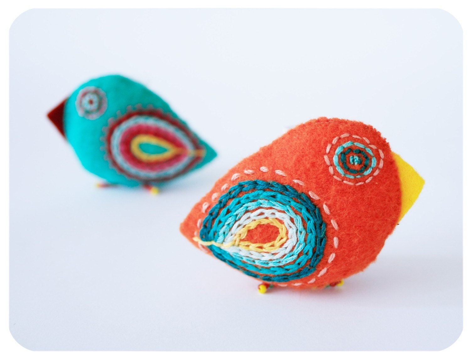 bright bird pins - felt brooches - embroidered bird