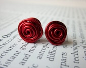Stud Post Earrings. Crimson Red. Nickel Free. Wire Wrapped. Quantum Rosette. Inspired by Physics, Science. Wire Rose.