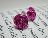 Nickel Free Post Stud Earrings. Hot Pink. Wire Wrapped. Quantum Rosette. Inspired by Physics, Science. Wire Rose.