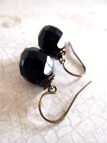 Sale- Luminous Fire Polished Earrings on Vintage Style Brass- Jet Black