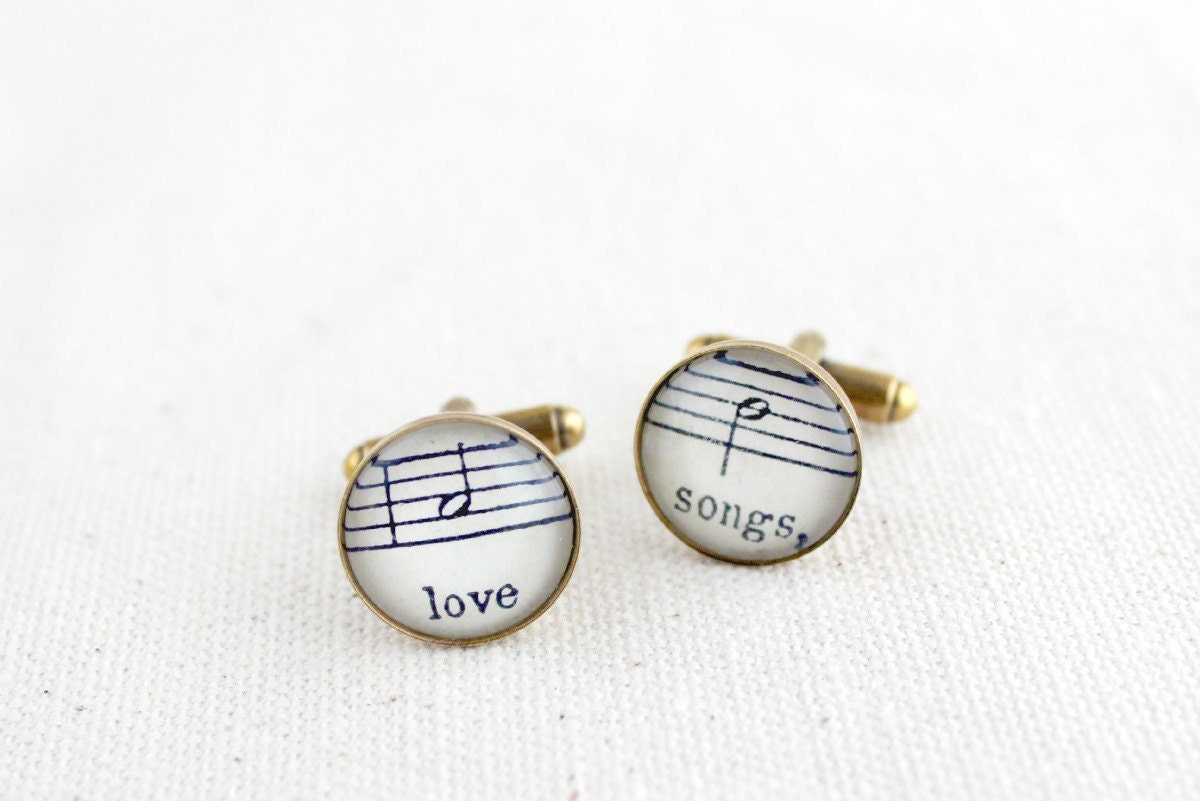 Wedding cuff links. Antiqued bronze men's accessory made with real vintage sheet music. Gift for brother, father, groom. Love songs