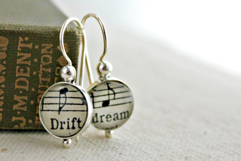Sterling silver kidney wire drop earrings with vintage sheet music under glass dainty accessory for women gift for wife girlfriend daughter