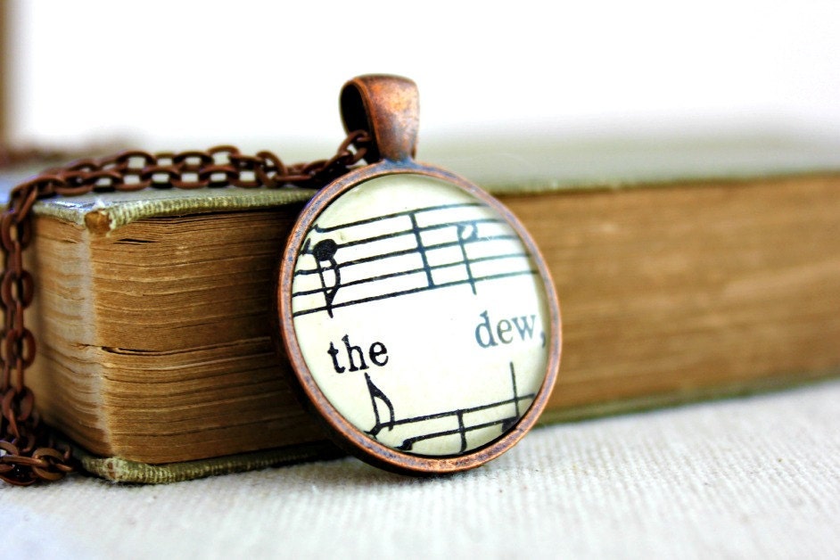 Romantic jewelry vintage style necklace copper and glass pendant sheet music necklace gift wrapped