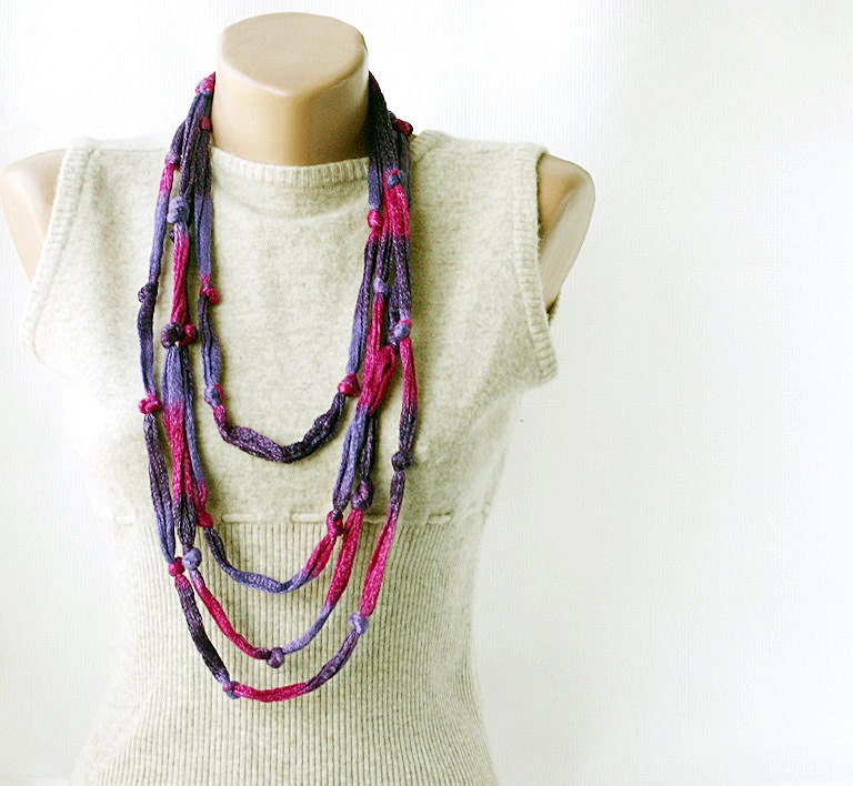Skinny Cotton necklace scarf with knots purple summer fashion multicolor vegan