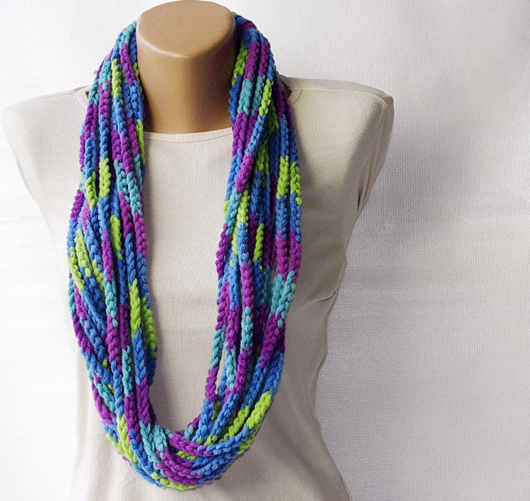 Colorful crochet scarf - wool infinity rainbow multicolor purple violet cobalt blue green winter accessories