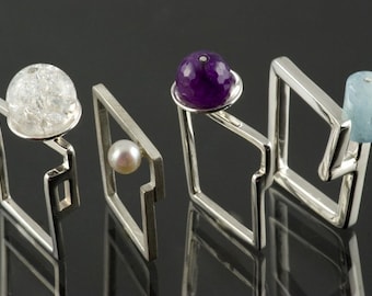 Sterling Silver and Gemstone Bead Trapazoid Rings