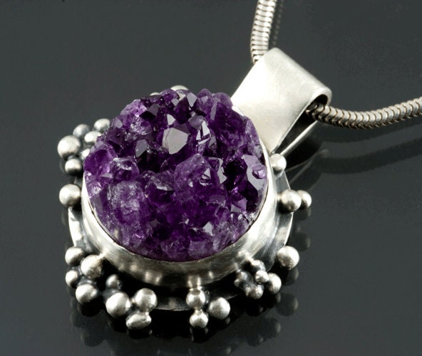 Silver Amethyst Geode Drusy Pendant oxidized Ready to Ship