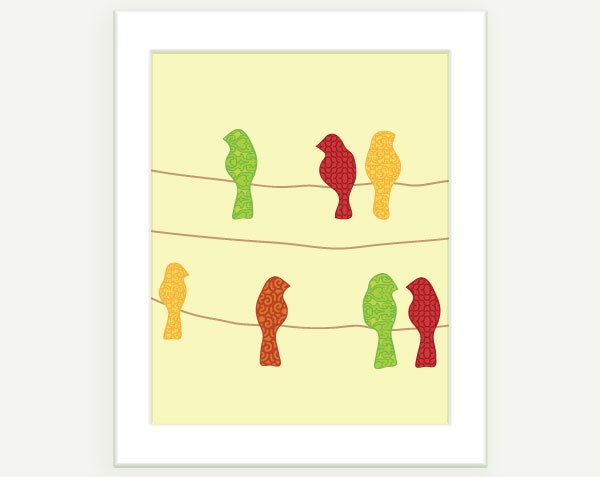 Decorative Art Bird Print - Birds on a Wire - Red Green Yellow Pretty Patterns - 8x10 Digital Illustration Print