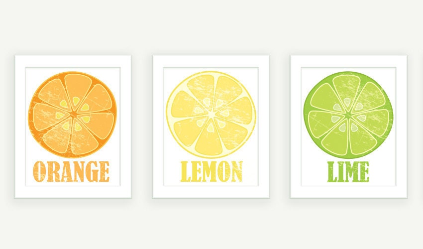 Kitchen Art - Orange Lemon & Lime - 3 Vintage Style Citrus Prints - 8x10 Illustration Prints - colorbee