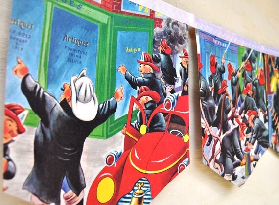 Fire Engines: Boys gift Vintage Little Golden Book Bunting Banner Repurposed Paper Boys Nursery Garland Eco Friendly storybook