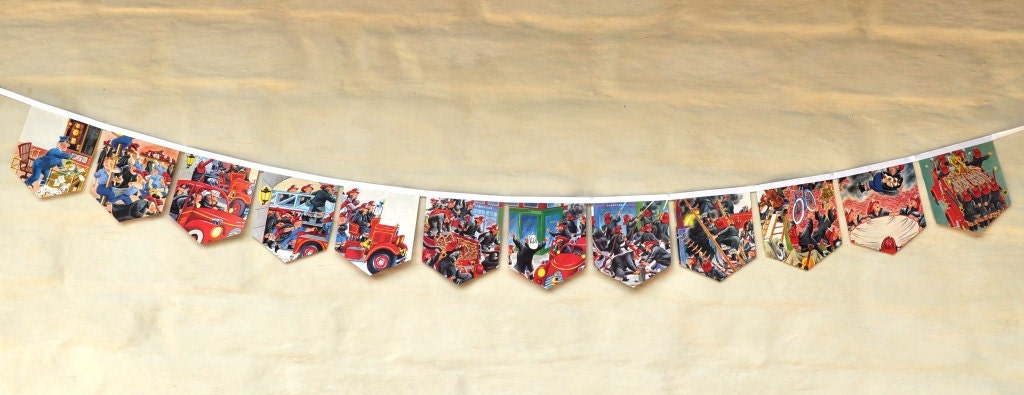 Fire Engines: Boys gift Vintage Little Golden Book Bunting Banner Repurposed Paper Boys Nursery Garland Eco Friendly storybook