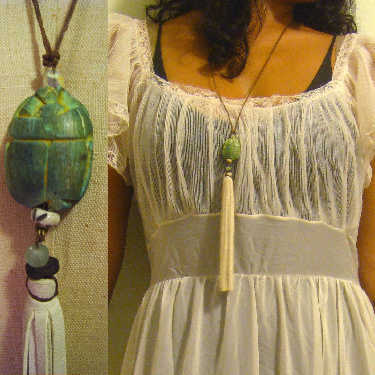 White Leather Scarab Tassel Necklace