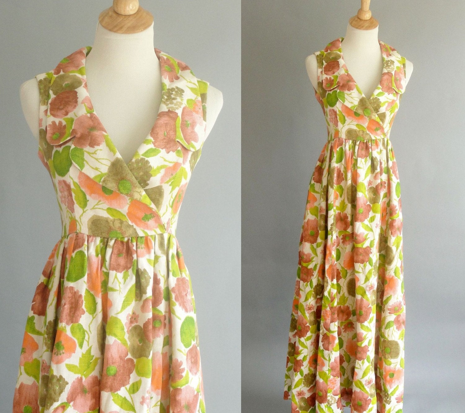 Vintage 1960s Floral Printed Maxi Dress in Yellow Pink and Green