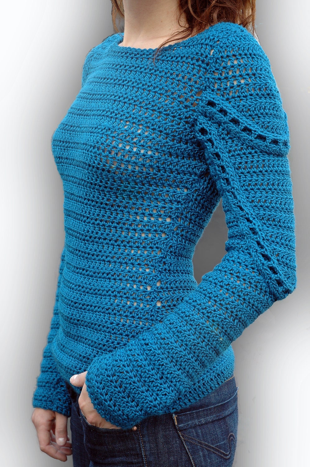 Peacock sweater - Womens Crochet Openback Sweater - Made to Order