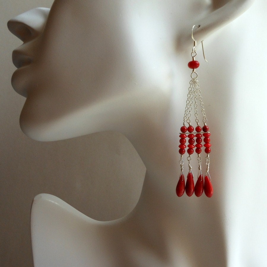Red Coral Wire Wrapped Long Chain Chandelier Earrings Sterling Silver
