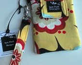 Iphone Blackberry Droid Cell Phone Sleeve Retro Flowers Alexander Henry Fabric Padded  Wristlet Key Fob Case Front Pocket Cocoa Tango