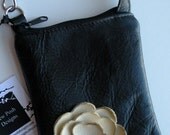 Black Leather with Cream Alabaster Beige Poppy Flower Cell Phone Ipod Iphone Droid Camera Gadget Case Zipper Pouch