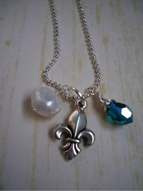 Teal, Pearl, and Fleur de lis STERLING Necklace