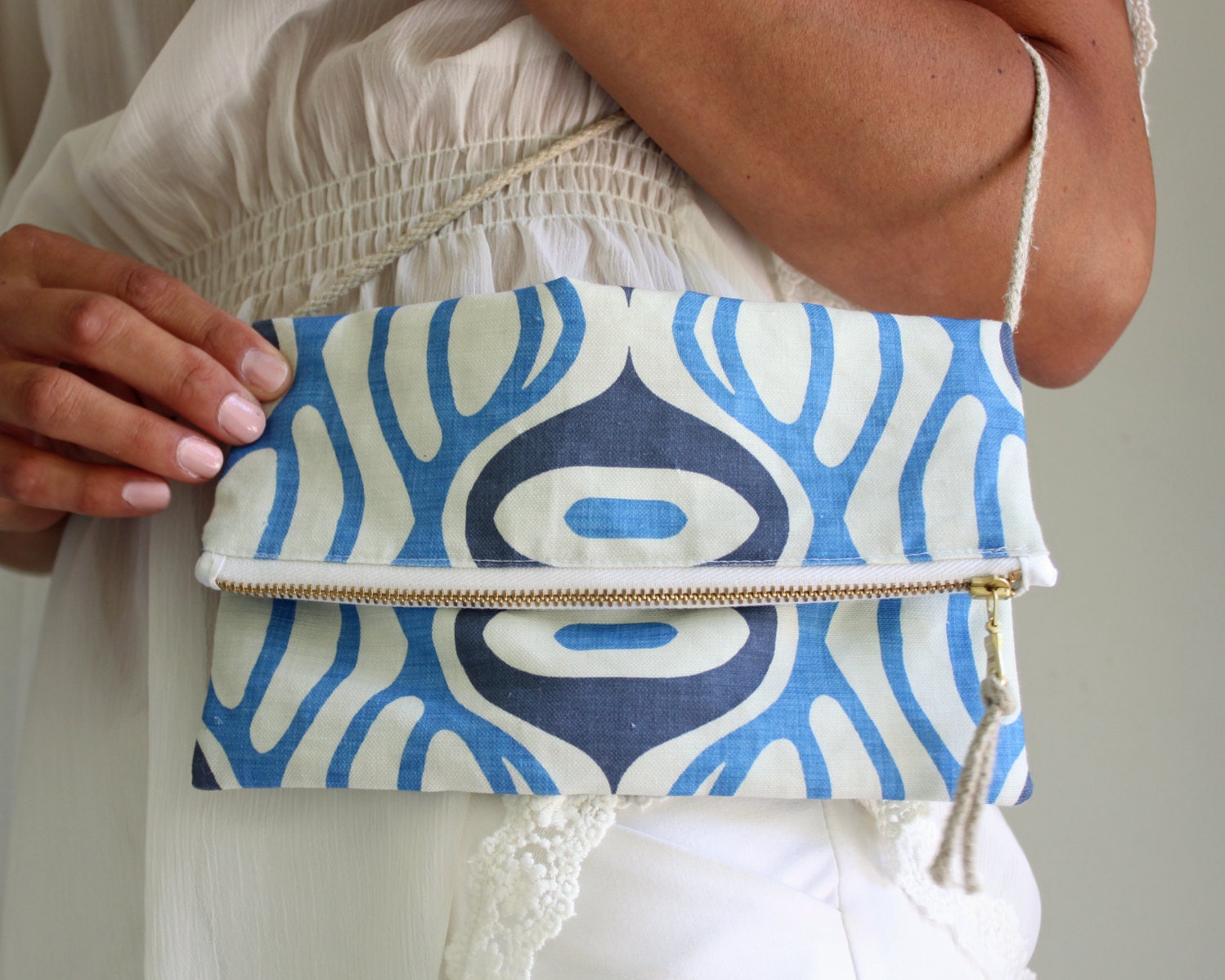 Clutch Purse, Cosmetic bag. Ocean Inspired. Natural Hemp strap. Chunky Brass Zipper. Indie Fabric. Eco-Friendly. Bold Graphic