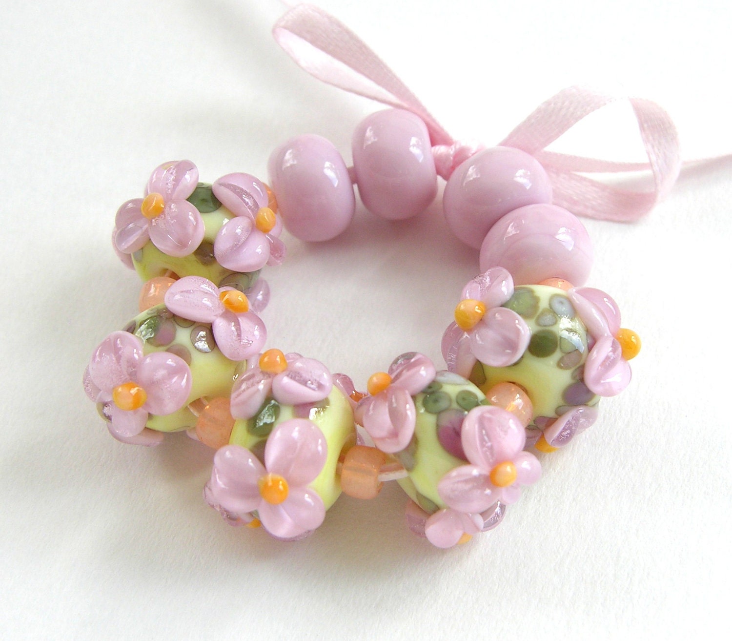 Handmade Lampwork Floral bead set -  Pink Lemonaid - CLG
