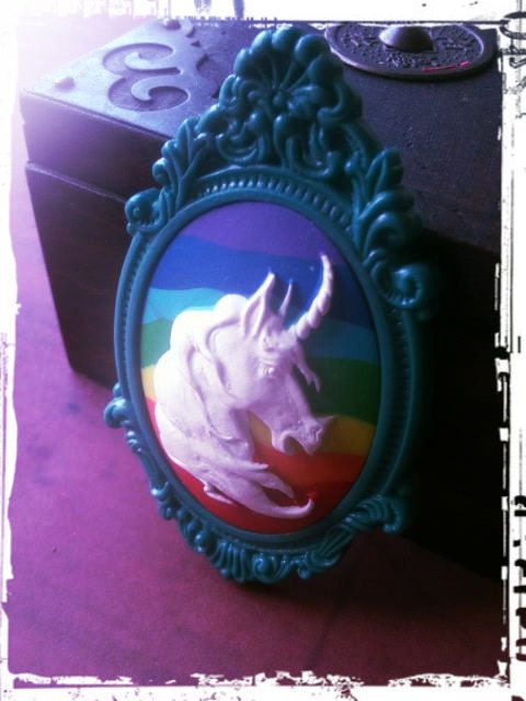 Unicorn Rainbow Polymer Clay Brooch, Pin, Bag Accessory, Teal Frame