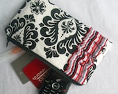 White Damask Clutch with Red and Black Striped Ruffle